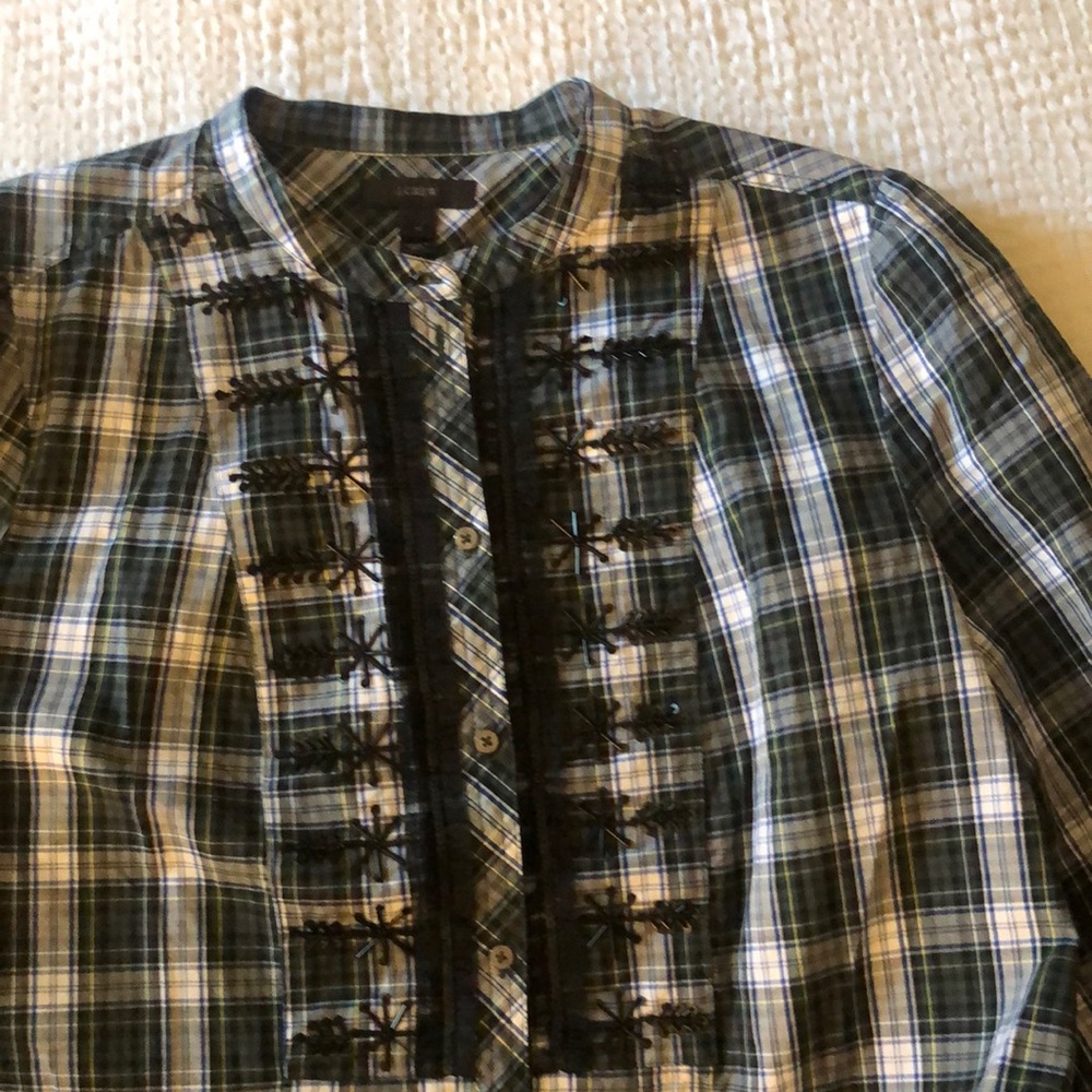JCrew M tartan plaid button down blouse, 100% cotton except for jeweled detail.